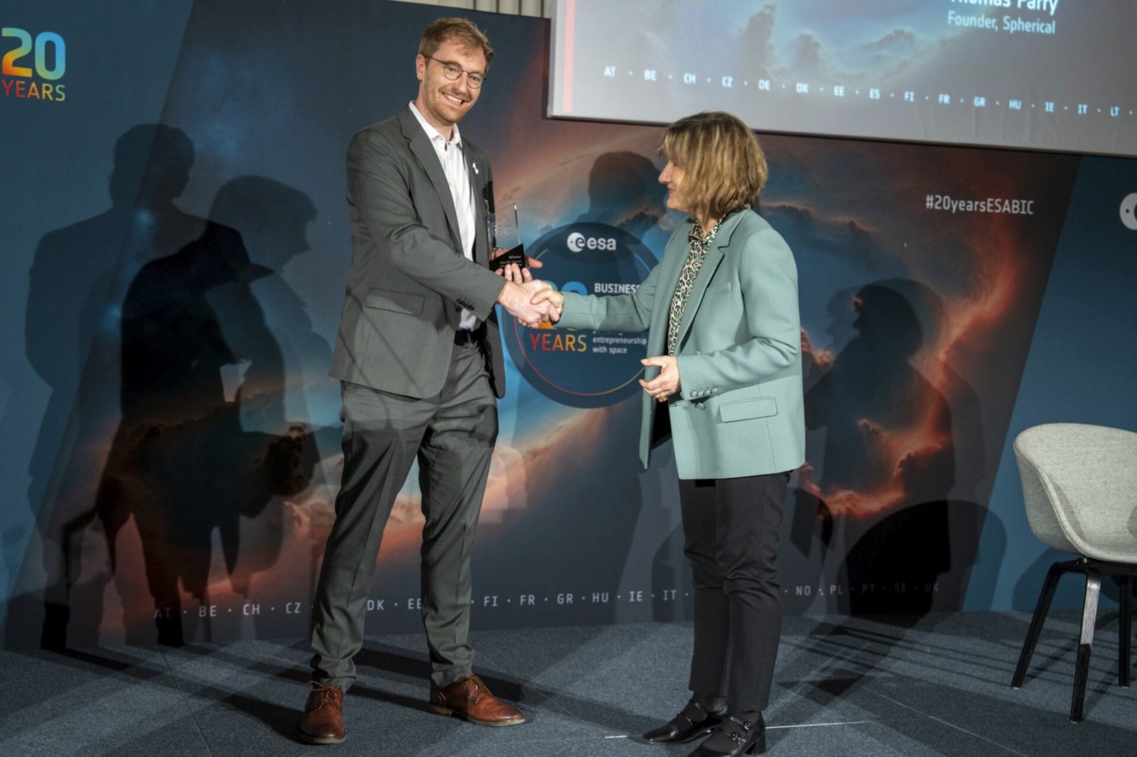 Thomas Parry receiving the ESA BIC 20 Years Junior Category award in Munich.