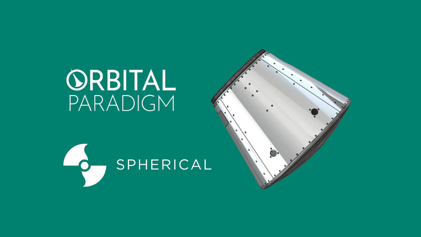 Orbital Paradigm and Spherical logos beside a render of the Learn to Fly re-entry vehicle's PCDU housing.
